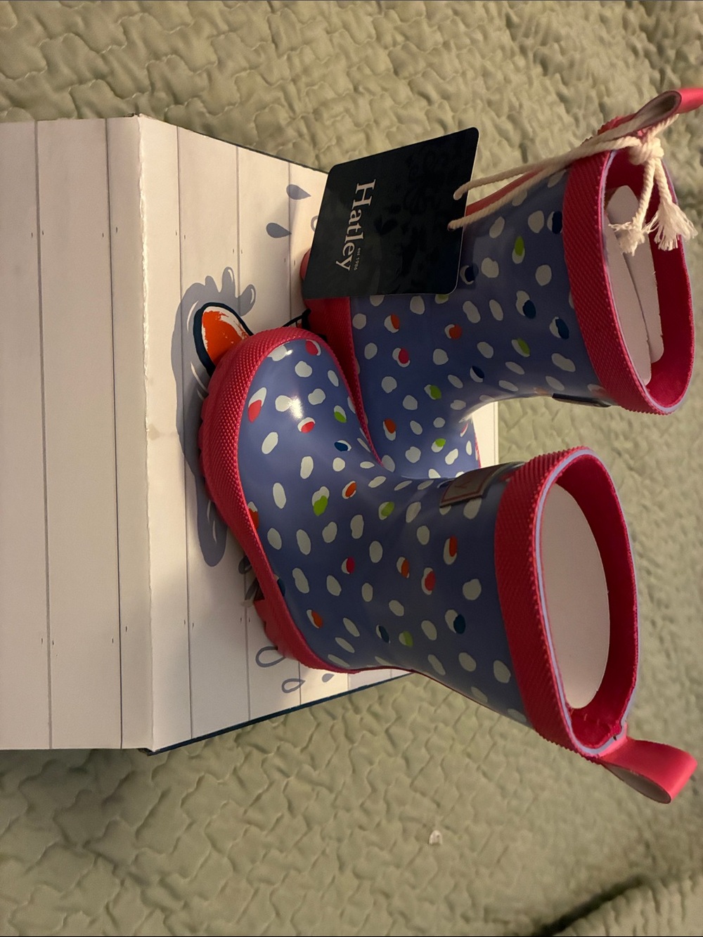 Hatley Blue Polka Dot Kids Rain Boots with Pink Trim